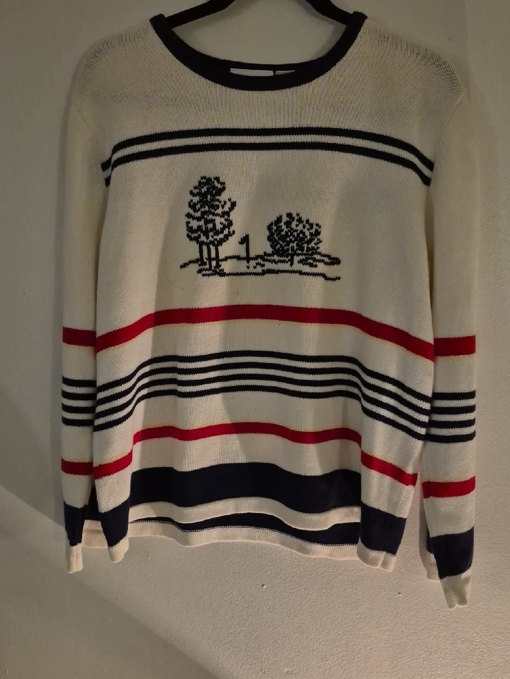 Men's Cream Crewneck Sweater with Navy and Red Stripes